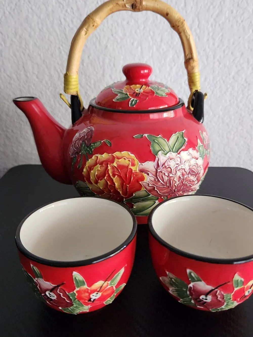 Pier 1 Imports Peony Hand-Painted Stonewear Teapot With Two Tea Cups